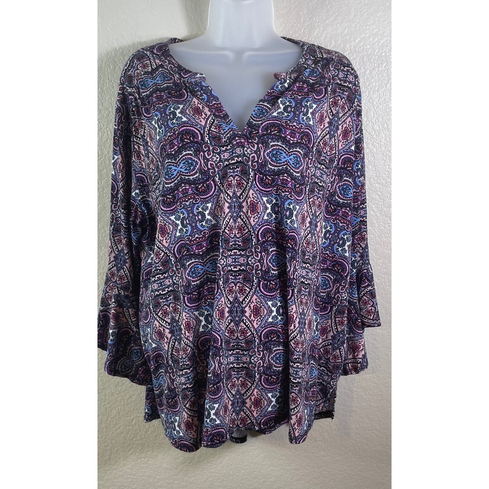 Cato Womens XL Tunic Top Purple Paisley Bell Sleeve V Neck Blouse Casual Boho